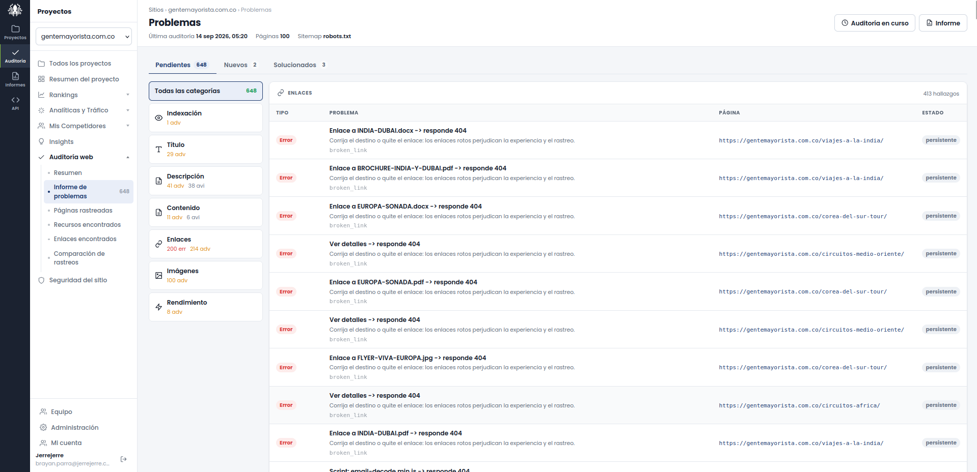 Informe de problemas SEO con recomendaciones para corregir cada hallazgo